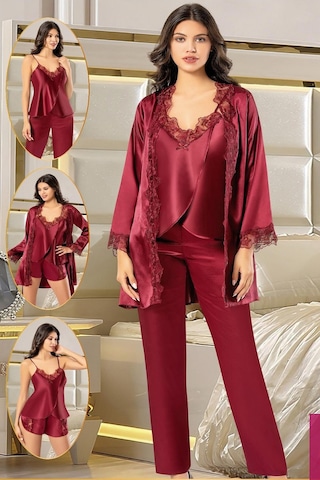 Xses 2165 Kadın Saten Empirme Sabahlıklı 4'lü Pijama Takım-bordo Bordo