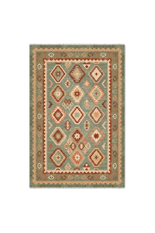 Etnik Kilim Desenli Yeşil Halı, Bohem Salon Ve Oturma Odası Halısı 3055