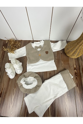 Zıpır Bebe Papyonlu Bebek Takım Açık Kahverengi