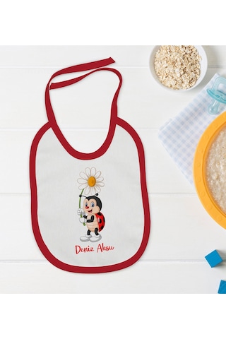 Arba BK Kids Kişiye Özel Uğur Böceği Tasarımlı Kırmızı Bebek Mama Önlü Kırmızı