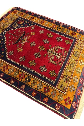 El Dokuma Küçük Yahyalı Halısı Seccade 87x110 Kırmızı %100 Yün Kök Boya Seccade Kırmızı