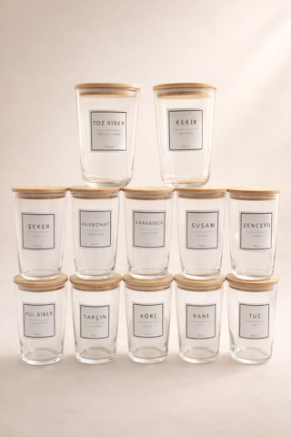 Motto Plus - 12'li Bambu Vakum Kapaklı Etiketli Cam Saklama Kabı Baharatlık Seti 400 Ml Diğer