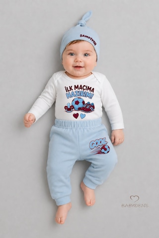Babyden's Bebek 3'lü Takım Bordo Mavi Taraftar Temalı Uzun Kol %100 Pamuk Yenidoğan Body Pantolon Şapka Seti İlk Maçıma Hazırım 0-9 Ay