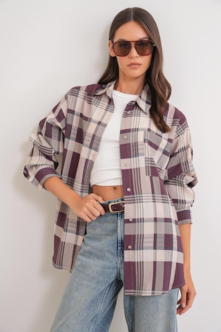 4752 Kadın Oversize Ekose Gömlek Bordo Bordo
