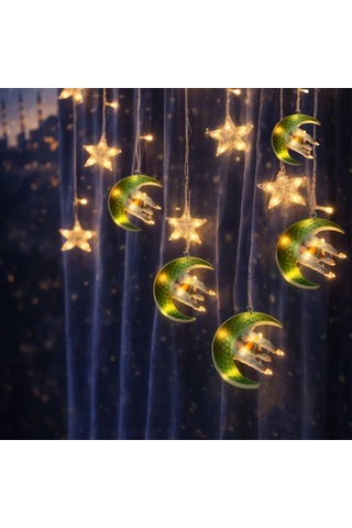 Jenerik Ramazan Led Perde Lamba 3m Fişli, Eklemeli Yeşil Hilal Cami Yıldız