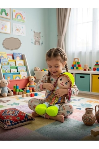 Yöresel Oyun Arkadaşım Büyük 45cm Yöresel Elbiseli Ve Şapkalı El Yapımı Oyuncak Bez Bebek Yeşil