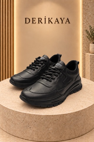 Deri Kaya Erkek Kalın Taban Bağcıklı Günlük Sneaker Spor Ayakkabı Siyah