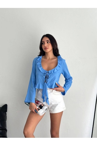 Dogutrend Keten Uzun Kol Bağacık Detaylı Bluz - Mavi