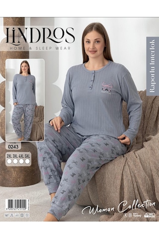 Lindros Kadın Pamuk'lu Düğme Yaka Raporlu İnterlok Kışlık Battal Pijama Takımı 0243 - 1 Adet Gri