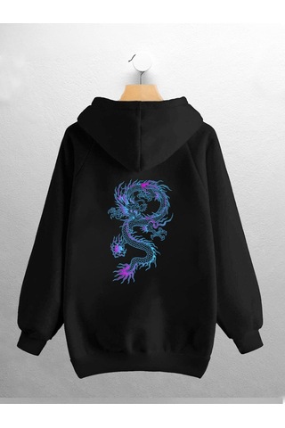 Macklin Unisex Kadın Erkek Mavi Ejderha Baskılı Sweatshirt Siyah Mck0775 Siyah