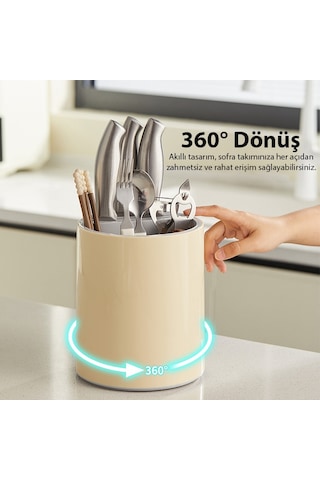 Ezere Çatal - Biçak - Kasik Saklama Ve Kurutma Kutusu Dönebilen Mutfak Düzenleyici - Krem Krem