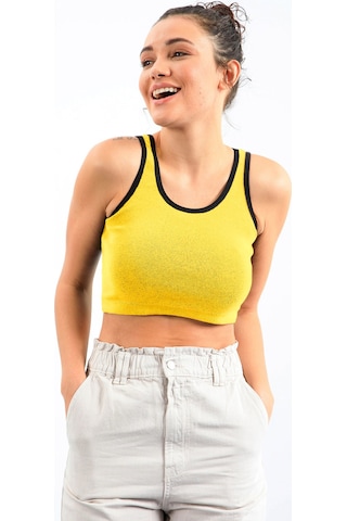 Tommy Life Sarı Basic Sıfır Kol Dar Kalıp U Yaka Kadın Crop Top Atlet - 97162 Sarı