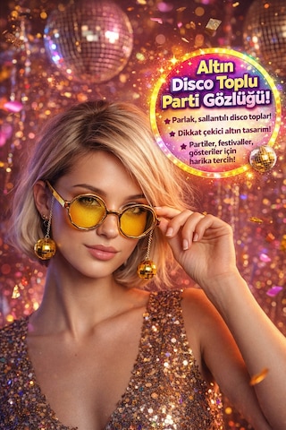 Gold Disco Toplu Parti Gözlüğü Yetişkin Kostüm Aksesuarı Retro Festival Yılbaşı Kadın Erkek Eğlence