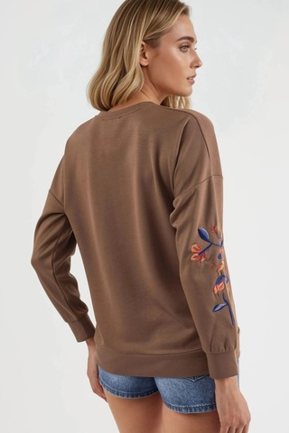Fiolin Modal Dokulu İşlemeli Bisiklet Yaka Sweatshirt Kahve Rengi