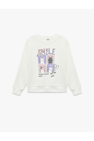 Koton Uzun Kollu Bisiklet Yaka Kedi Baskılı Şardonlu Sweatshirt Ekru 6wkg10574ak