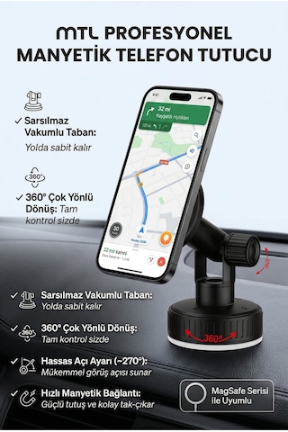 Güçlü Manyetik Araç İçi Telefon Tutucu 360 Döner Başlık Ekstra Güçlü Mıknatıs Magsafe Uyumlu Mt6087 Siyah