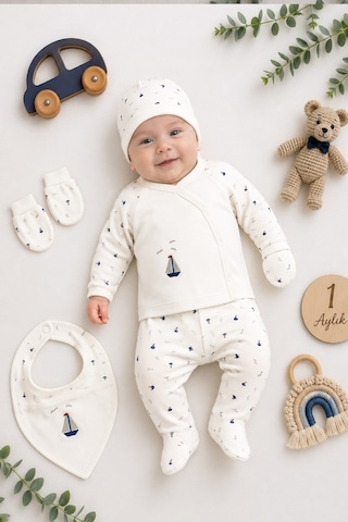 Sitilin Erkek Bebek 5'li Hastane Çıkışı Seti %100 Pamuk Yenidoğan Bebek Hediyesi Zıbın Takımı Mavi Stl7217 Beyaz
