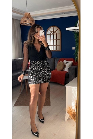 Kadın Uzun Kollu V Yakalı Üst Krep Alt Payet Kısa Elbise Siyah