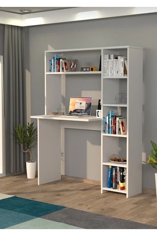 Kitaplıklı Kütüphaneli Çalışma Masası Beyaz