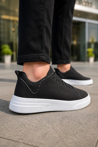 Mevese Ont Bağcıklı Keten Dokulu Hafif Taban Erkek Günlük Casual Sneaker Ayakkabı - Siyah Beyaz