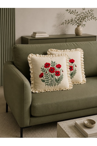 4'lü Fırfırlı Gelincik Desenli Dekoratif Kırlent Kılıfı %100 Pamuk Organik Boya Baskılı 45x45 Cm Şeffaf