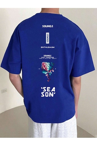 Erkek Sax Mavi Oversize Sea Son Baskılı Örme T-shirt Sax Mavi