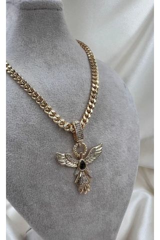 Bb İthal Zümrüdü Anka Kuşu Kolye Altın - Beyaz