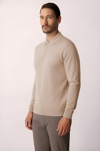 İgs Bej Standart Fit Dar Kalıp Polo Yaka Düz Uzun Kollu Triko-21906 Bej