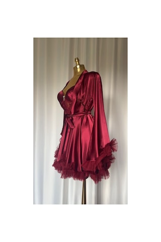 Mh Moony Homewears Kutuşu Feo Bordo Kol Detay Saten Gecelik Sabahlık Seti Olay Bordo