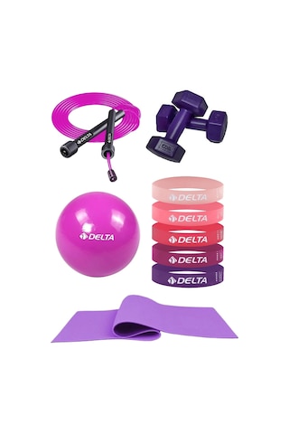 Pilates Egzersiz Seti 6 Mm Mat 5 Li Lateks Direnç Bandı 20 Cm Top Atlama İpi 1 Kg X2 Dambıl Mor
