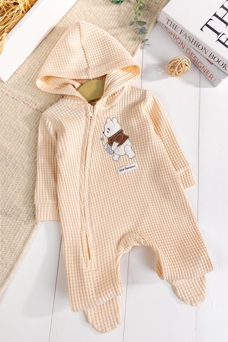 Babymod Kapişonlu Ayıcık Desenli 100% Pamuk Erkek Bebek Tulum Bej
