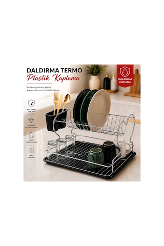En Çok Tercih Edilen 2 Katlı Daldırma Termo Plastik Kaplama Bulaşıklık Paslanmaz & Kararma Yapmaz Ultra Geniş Kapasiteli Tabaklık,premium Mutfak Kurutmalık 45x35 Cm-krom-siyah Gümüş-krom