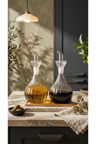 2 Adet 900 Ml Borosilikat Tombul Çizgili Cam Yağdanlık Ve Bambu Stant Yağlık Sirkelik Seti Şeffaf