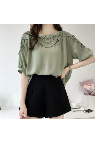 Moda Kısa Kollu Kadın Bluz Gömlek Şifon Kadın Giyim Artı Boyutu Kadın Üstleri Ofis Gömlek Yeşil