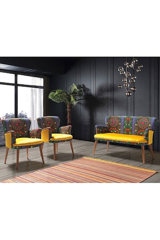 Kayser Home Çay Seti Koltuk Takımı Oturma Grubu Balkon Ofis Bahçe Mobilya Etnik Desen Nubuk Kumaş Sarı Sarı