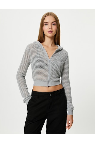 Koton Crop File Kapşonlu Fermuarlı Sweatshirt Simli Slim Fit Gri 4wal10758ık 4WAL10758IK031 Gri