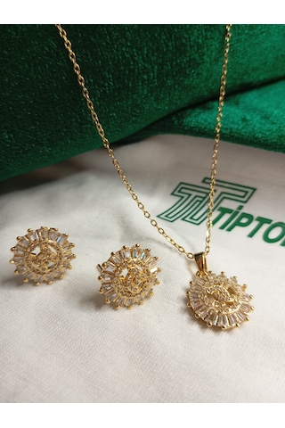 Tiptop/ Gold Renk Zirkon Taşlı Güneş Model Kolye Ve Küpe Set Gold