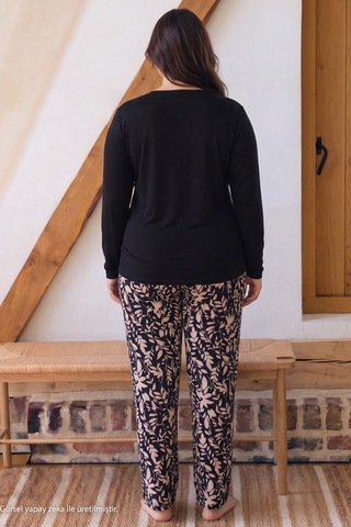 Siyah İnci Siyah Desenli Büyük Beden Battal Boy Düğmeli Viskon Örme Pijama Takım