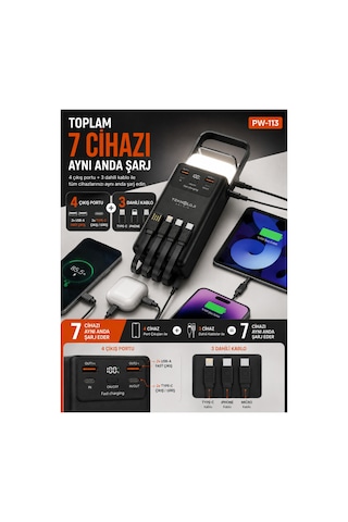 50.000 Mah Powerbank 22.5w Hızlı Şarj Lcd Ekran 4 Çıkış 4 Kablo Kamp Işıklı Taşınabilir Batarya Siyah