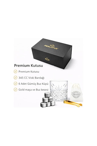 Perlotus Premium 345 Cc Kristal Bardak Ve Çelik Buz Küpü Seti Gıdaya Uygun Çelik Küp Gold Maşa Hediye Kutusunda Gümüş