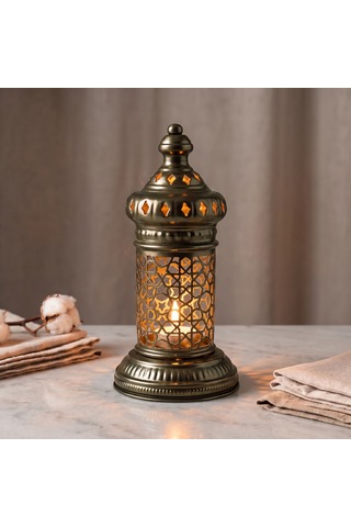Beyaz Geometrik Metal Fener Selçuklu Yıldızı Çay Feneği Tutucu Minimalist Fas Mum Dekorasyonu Haki