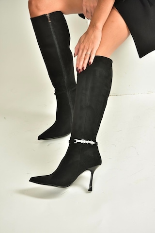 Fox Shoes V820330002 Siyah Süet İnce Topuklu Kadın Çizme Siyah