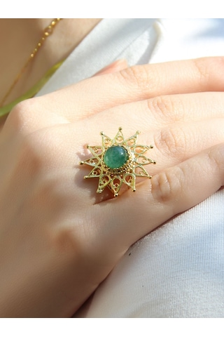 Esha Store Doğal Taş Yeşil Akik Doğal Taşlı Yıldız Model Telkari Kadın Ayarlanabilir Altın Kaplama Yüzük Euy60y Yeşil