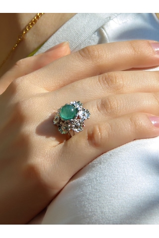 Esha Store Doğal Taş Yeşil Akik Doğal Taşlı Çiçek Model Telkari Kadın Ayarlanabilir Gümüş Kaplama Yüzük Euy61ya Yeşil