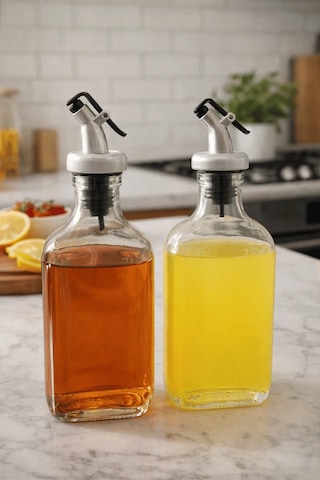 2'li Şeffaf Cam Yassı Yağdanlık - Sızdırmaz Tıpalı 200ml. Sirkelik Sosluk Şeffaf - Gümüş