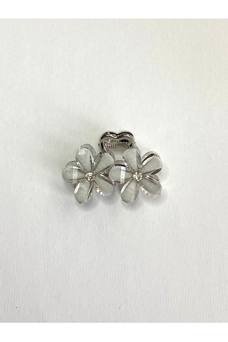 Gri Taşlı Çiçek Gümüş Detaylı Metal Mandal Toka 4 Cm Gri