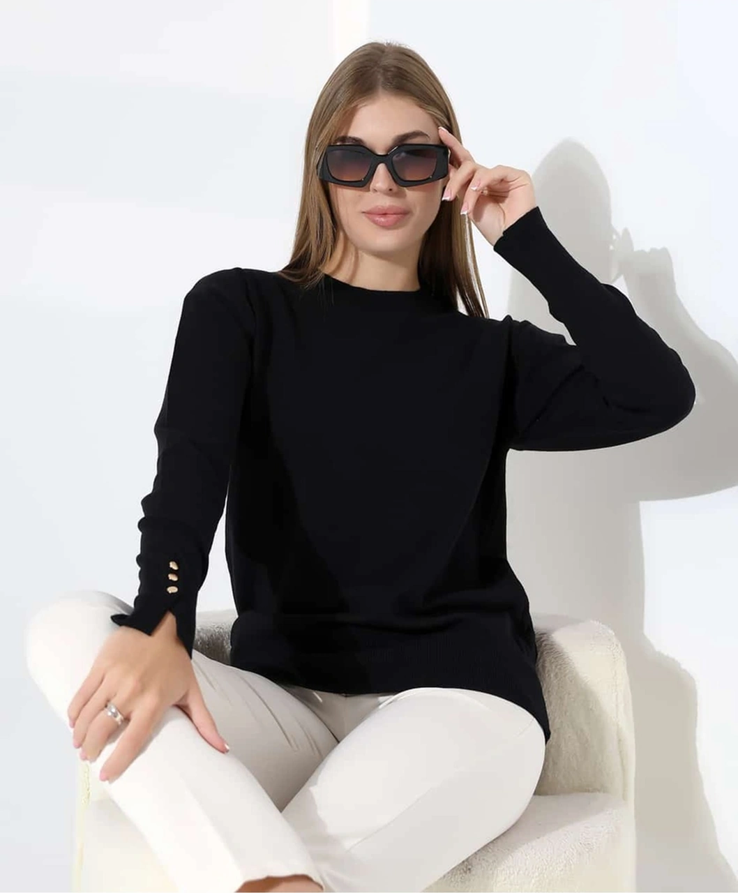 Gündelik Şıklık Kol Düğme Detay Triko Kazak Siyah