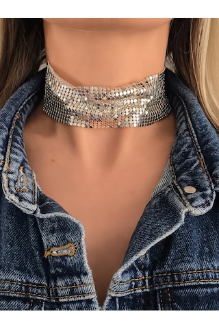 Arpa Pul Payet Zırh Metal Geniş Model Gümüş Choker Kolye Silver Çok Renkli