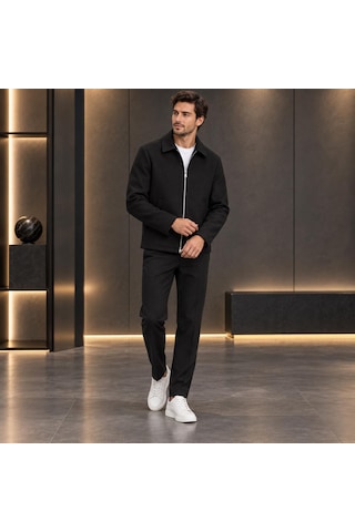 Stormwear Erkek İthal Kaşe Ceket Gömlek Yaka Fermuarlı Cepli Mevsimlik Kaban Mont Siyah