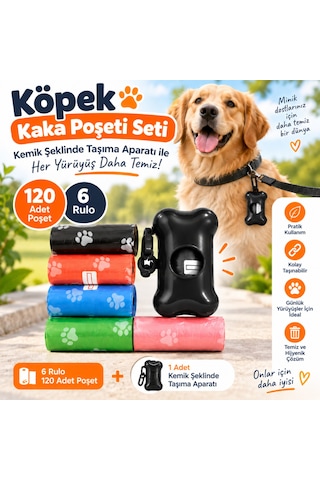Köpek Kaka Poşeti Seti 120 Adet 6 Rulo + Kemik Şeklinde Taşıma Aparatı